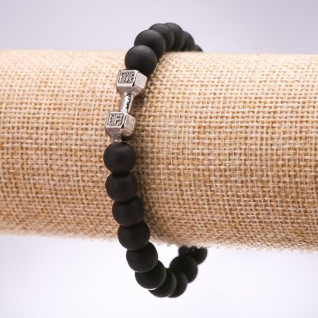 Браслет Шунгіт (іміт.) чорний кулька 10 мм з метал. вставкою "гантеля" стрейч