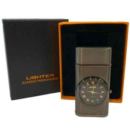 Запальничка газова чорна графіт з кварцовим годинником (турбо-полум'я)