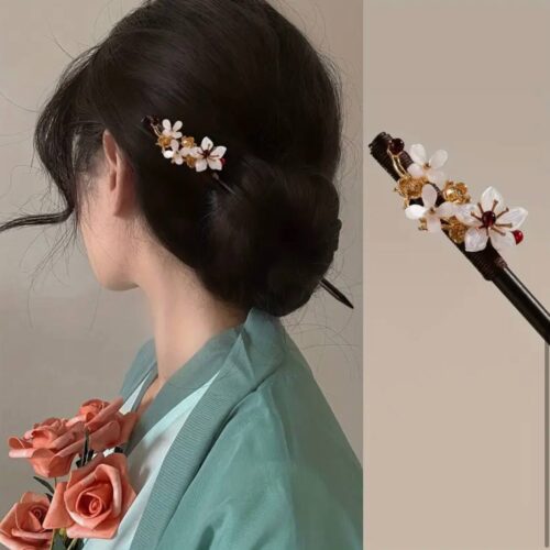 Шпилька-паличка для волосся 1 шт дерев'яна "Біла сакура" 18 см