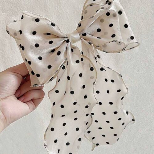 Заколка-автомат «Бант» атласна в горошок/сердечка біло-чорна