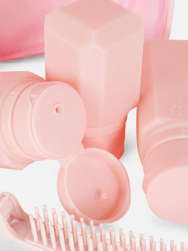 Набір дорожніх баночок 4 в 1 в косметичці (3 баночки+щітка) рожевий Primark