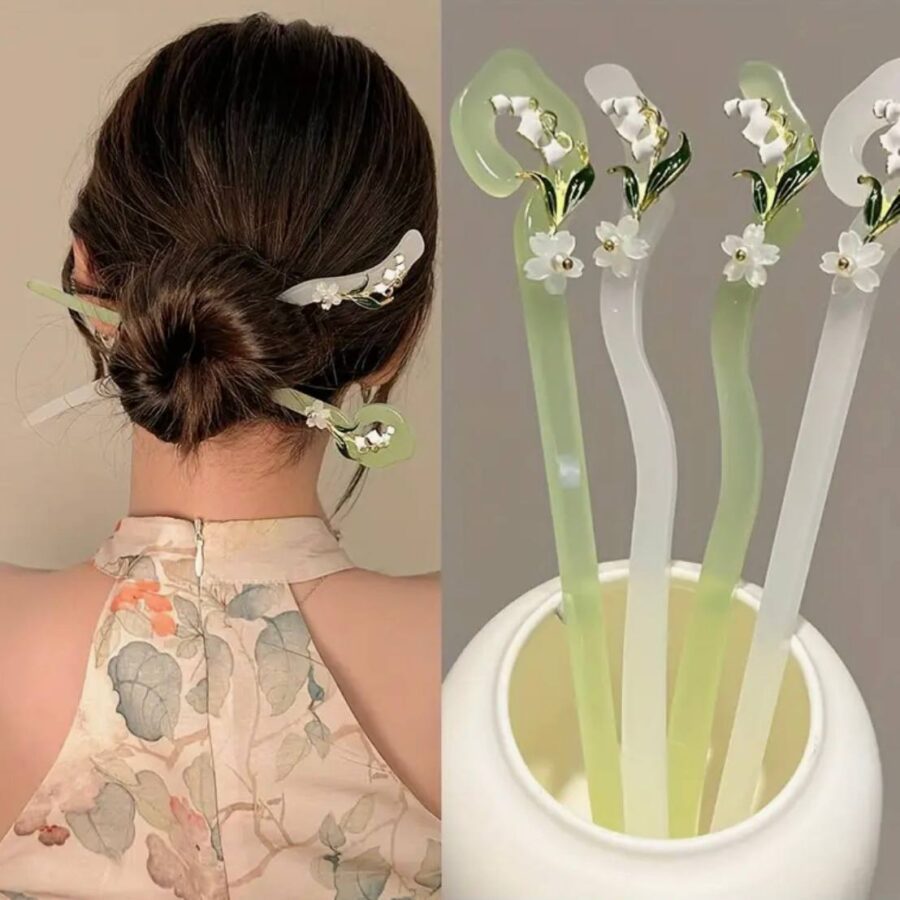 Шпилька-паличка для волосся 1 шт акрилова "Білі квіти" перламутр