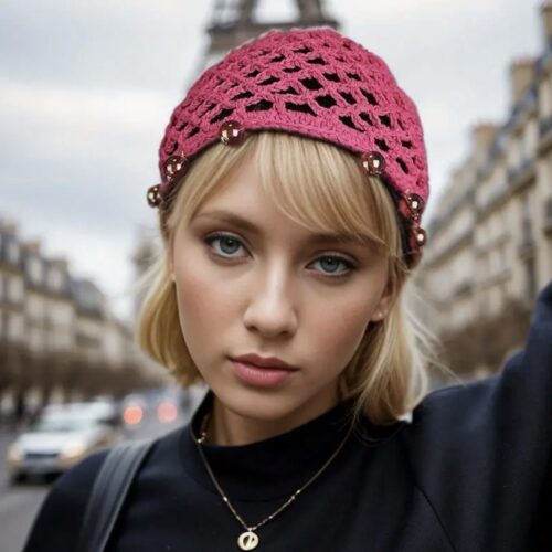 Шапочка в стилі Бохо/ Богема в'язана з перлинами рожева фуксія