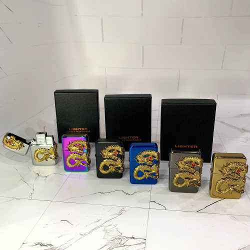 Запальничка "Золотий дракон" сіра в подарунковій кпаковці (турбо-полум'я)