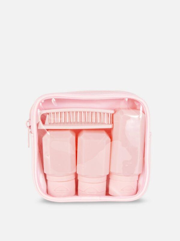 Набір дорожніх баночок 4 в 1 в косметичці (3 баночки+щітка) рожевий Primark