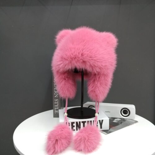 Шапка "Котик" з екохутра яскраво-рожева