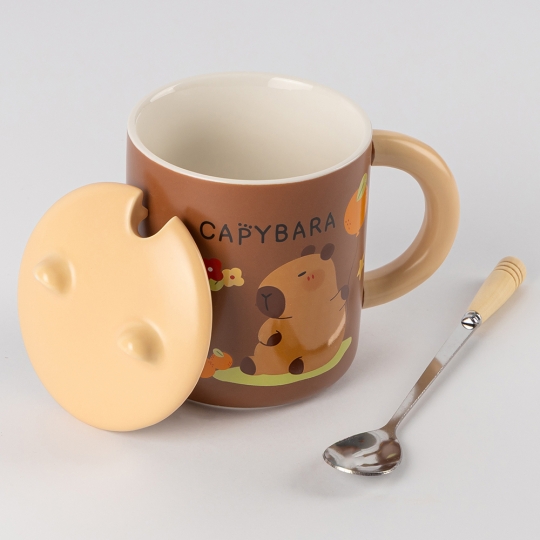Чашка керамічна "Капібара" з кришкою та ложкою 350 мл