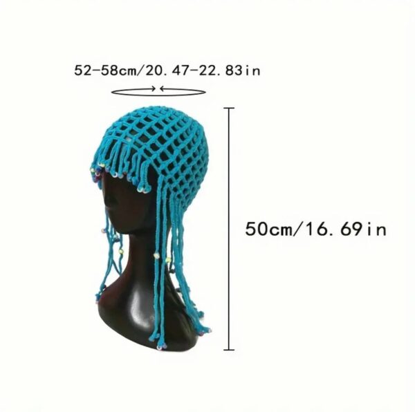 Шапочка в стилі Бохо/ Богема в'язана з китицями та намистинами мікс кольорів