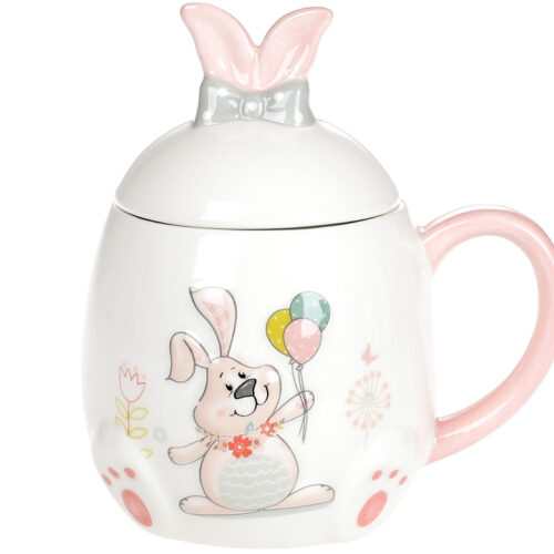 Чашка керамічна "Веселий кролик" з кришкою 450 мл біло-рожева