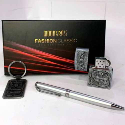 Набір чоловічий подарунковий 3 в 1 Moongrass Jack Daniels Запальничка/Ручка/ Брелок срібний
