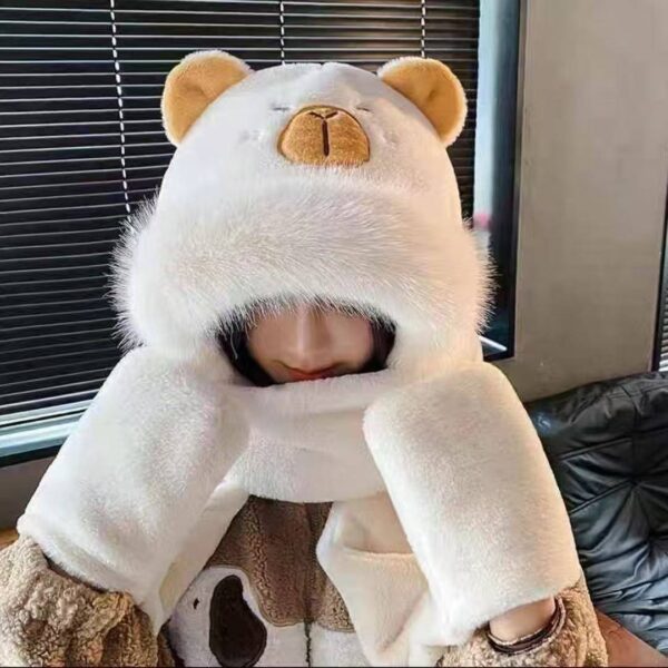 Шапка "Капібара" з екохутра/ плюшева з шарфом-рукавичками біла