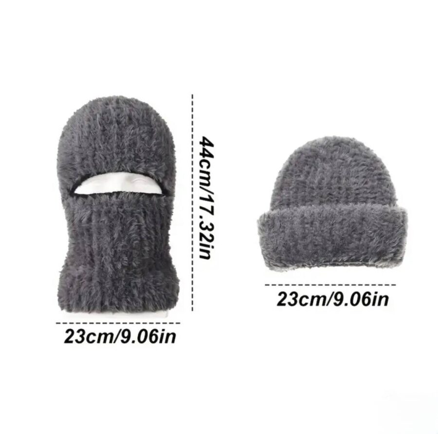 Шапка-балаклава-біні чоловіча 2 в 1 пухнаста сіра