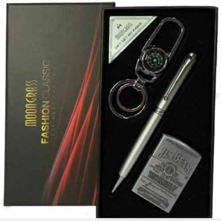 78b24e8b-c6e5-4365-9517-41391a13cdee.jpg Набір чоловічий подарунковий 3 в 1 Moongrass Jim Beam Запальничка/Ручка/ Брелок срібний