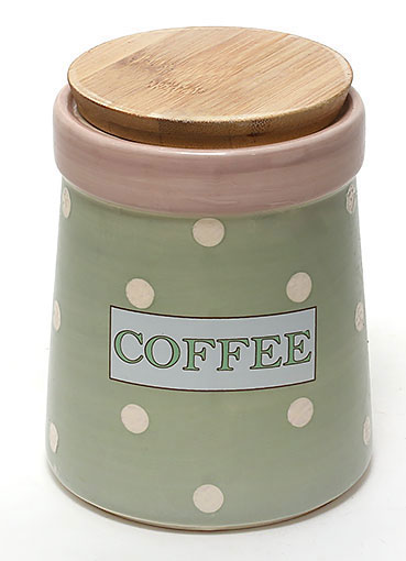 868cd986-32ee-47c8-af9e-1b826a24f775-1.jpg Контейнер/банка "COFFEE" керамічна з бамбуковою кришкою зелена в горошок 900 мл