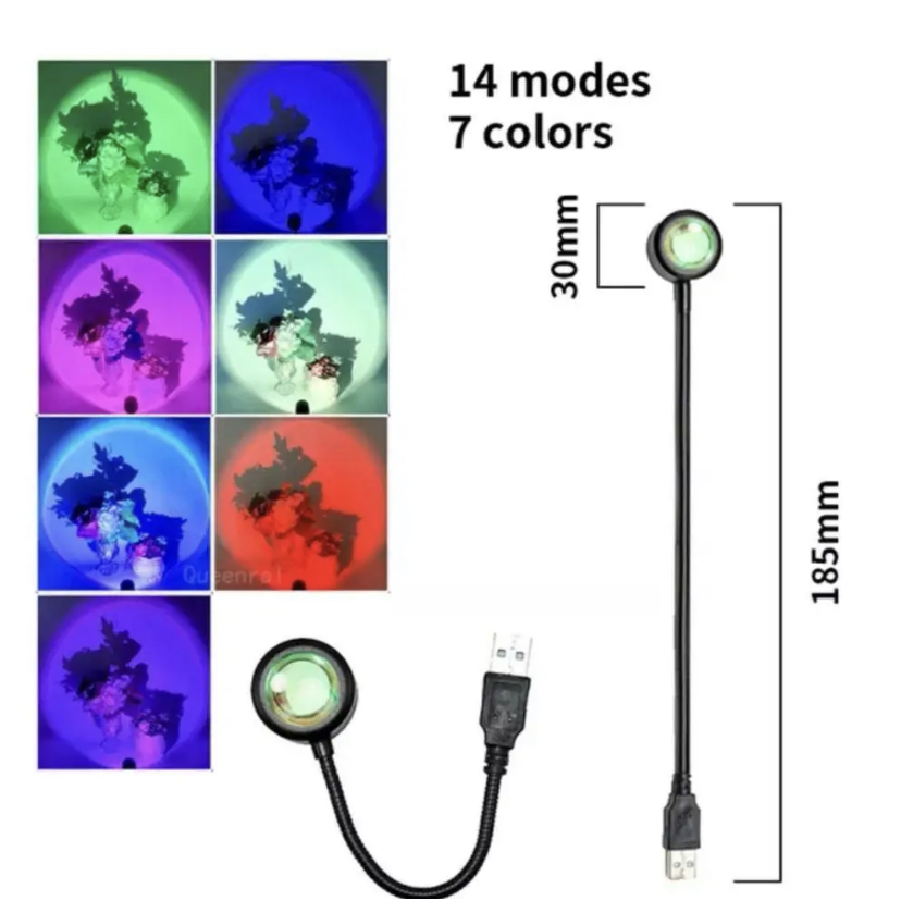 Лампа проекційна атмосферна Sunset Lamp (гнучкий дріт з USB) ефект заходу сонця/веселки