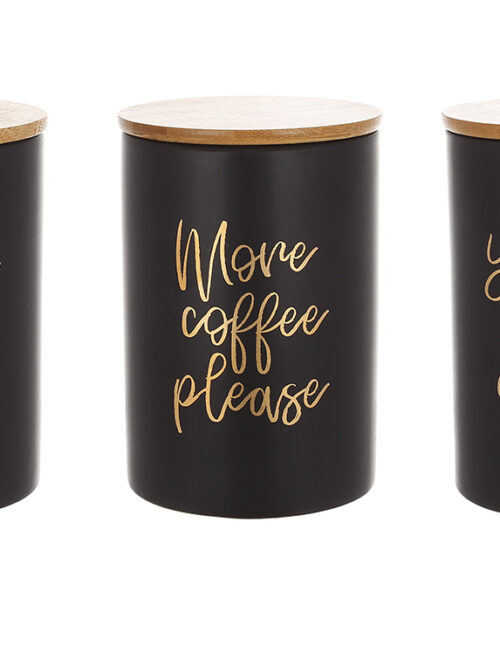 Набір керамічних банок "More Coffee" 800 мл (3шт) з бамб. кришками чорний з золотим