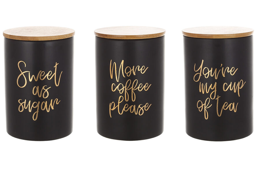 Набір керамічних банок "More Coffee" 800 мл (3шт) з бамб. кришками чорний з золотим