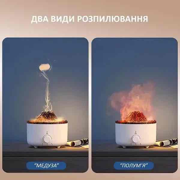 Зволожувач повітря/Нічник/Аромалампа «Вулкан» з ефектом полумʼя та підсвіткою
