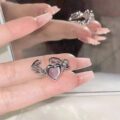Каблучка жіноча "Серце" геометрична з рожевим котячим оком (10528)
