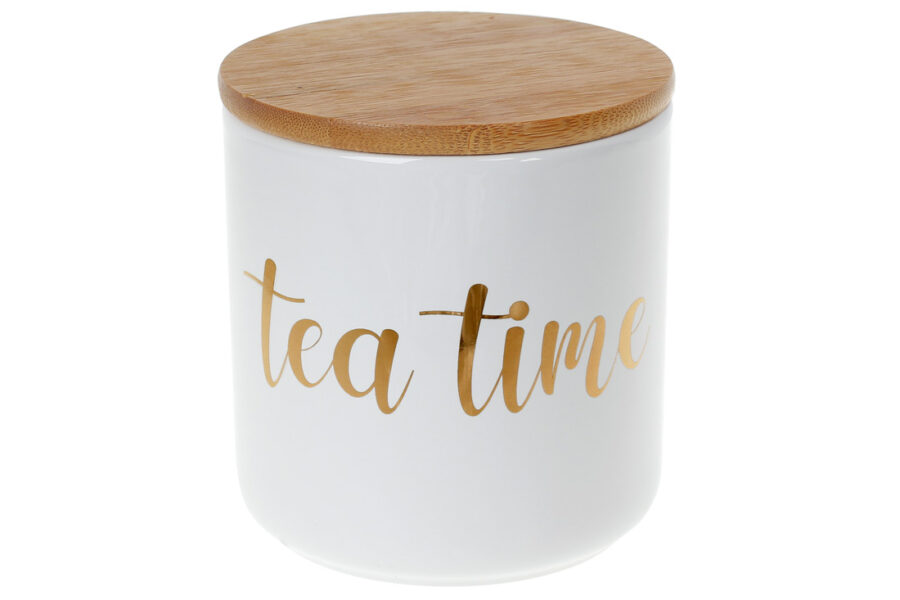 Банка керамічна з бамбуковою кришкою Tea Time, 550мл білий із золотом