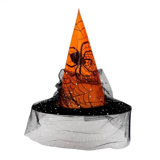 Капелюх відьми вуаль з паєтками помаранчевий